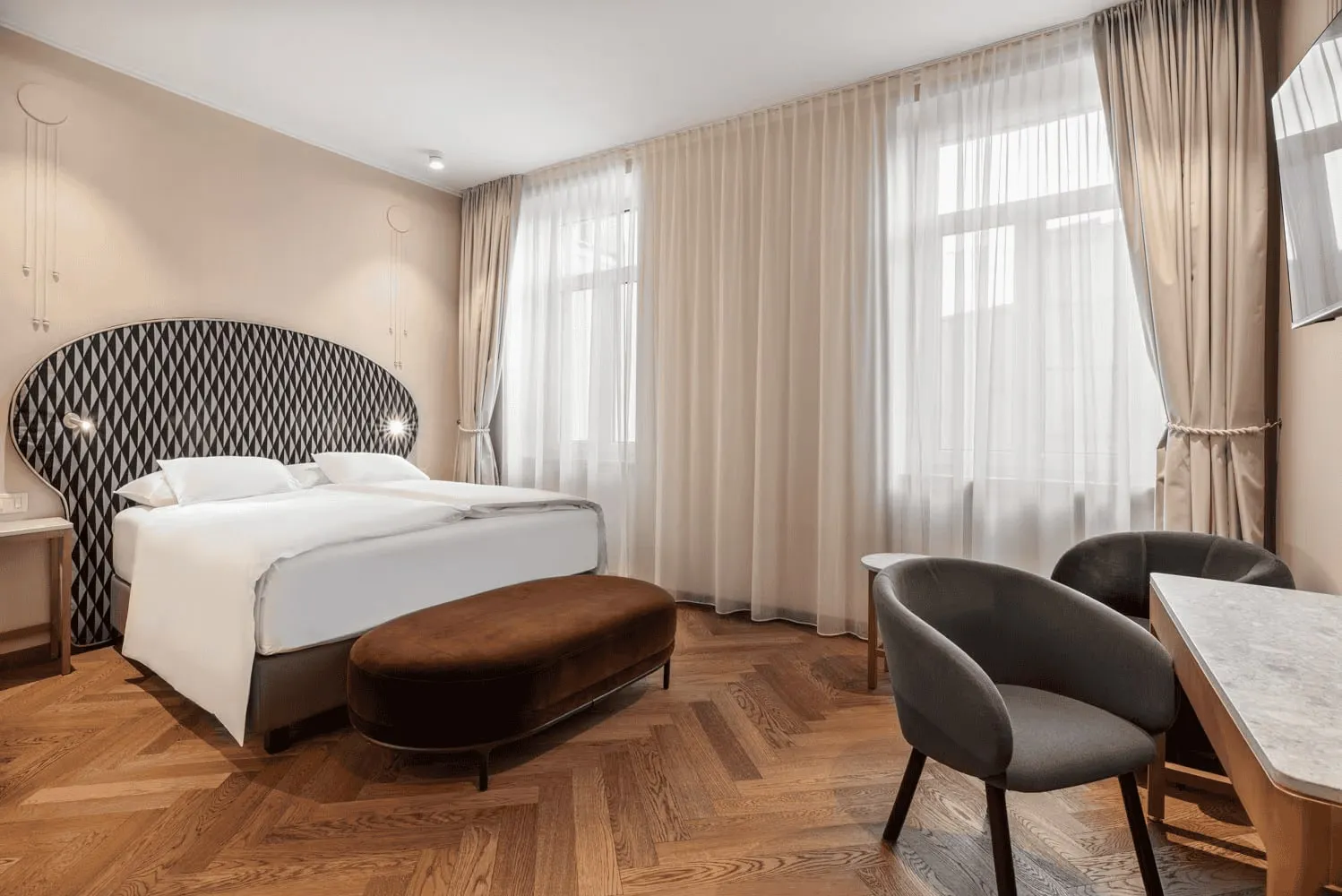 Superior Comfort Room with queen-size bed and Art Nouveau details
