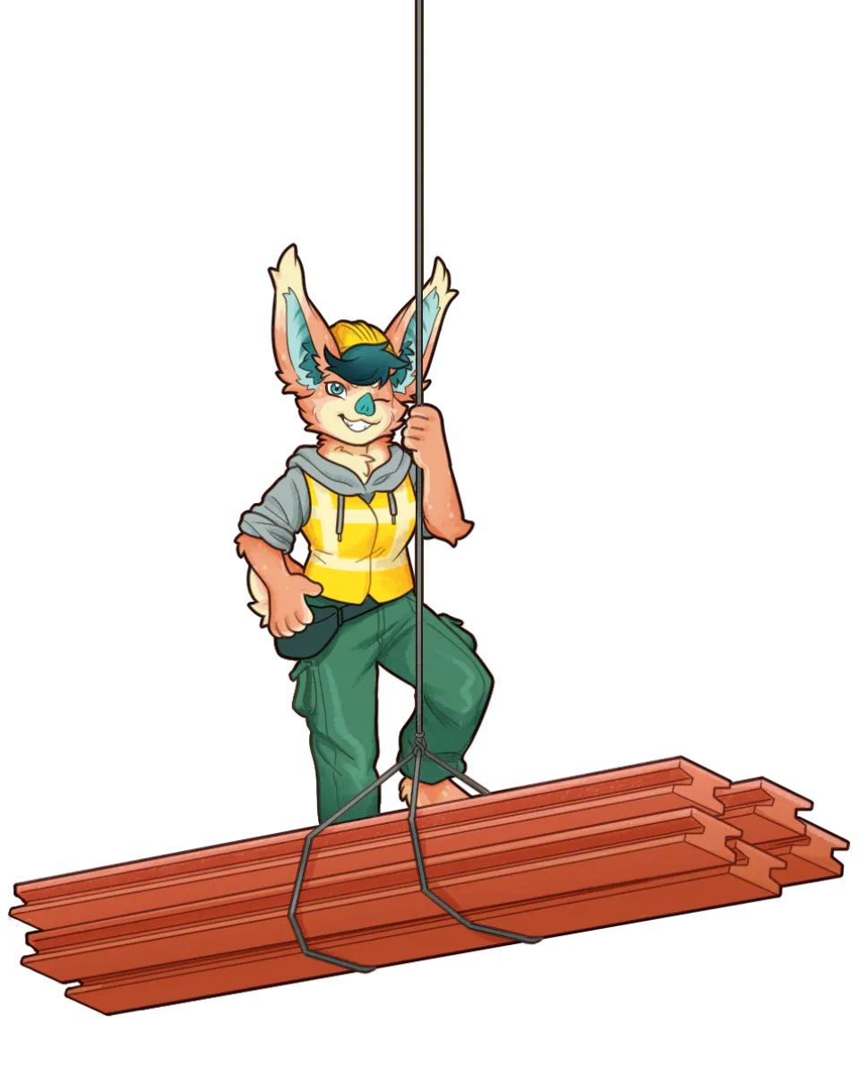 Bat mascot in a hard hat and hi-vis vest, riding a bundle of steel beams hanging from a crane line