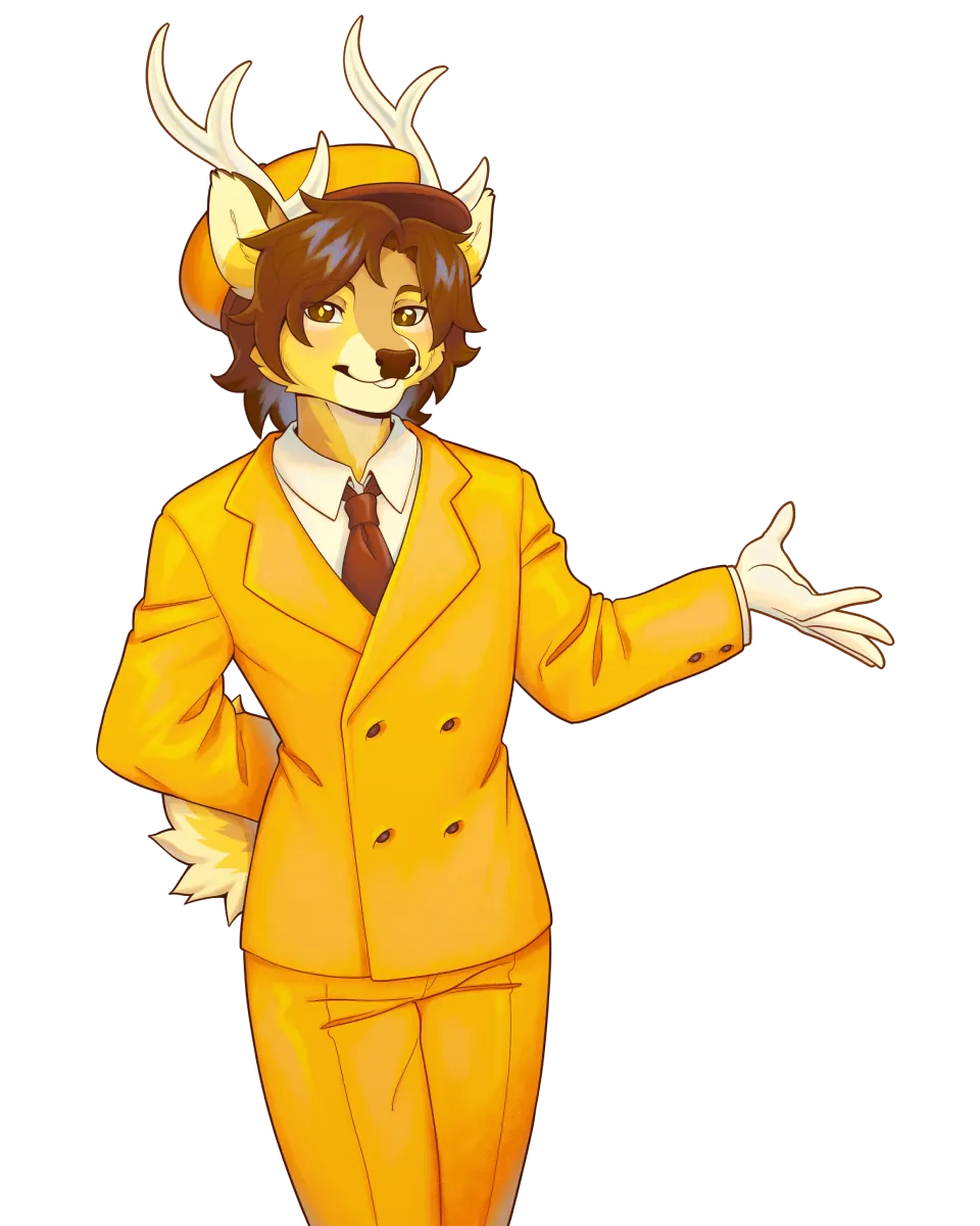 Buck mascot in a sharp orange suit and cap, smiling and gesturing with a gloved hand