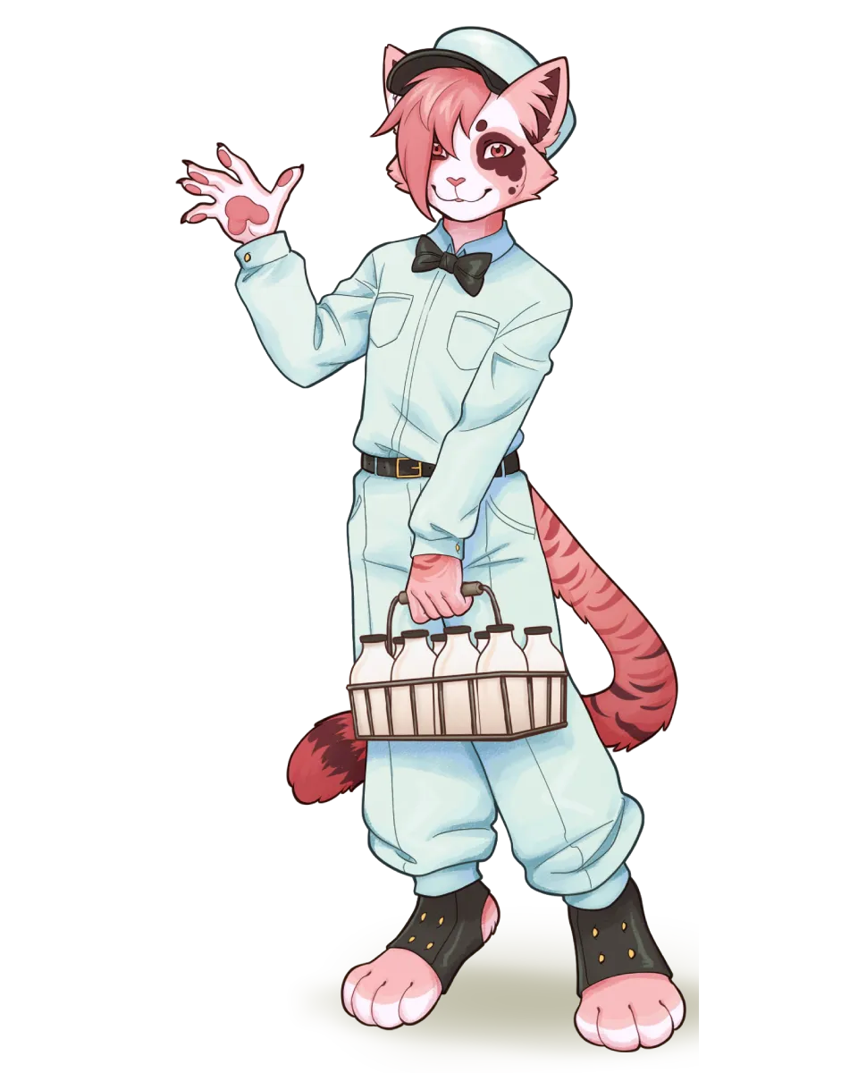 Cat mascot in a milkman uniform with a bow tie, winking and carrying a crate of milk bottles