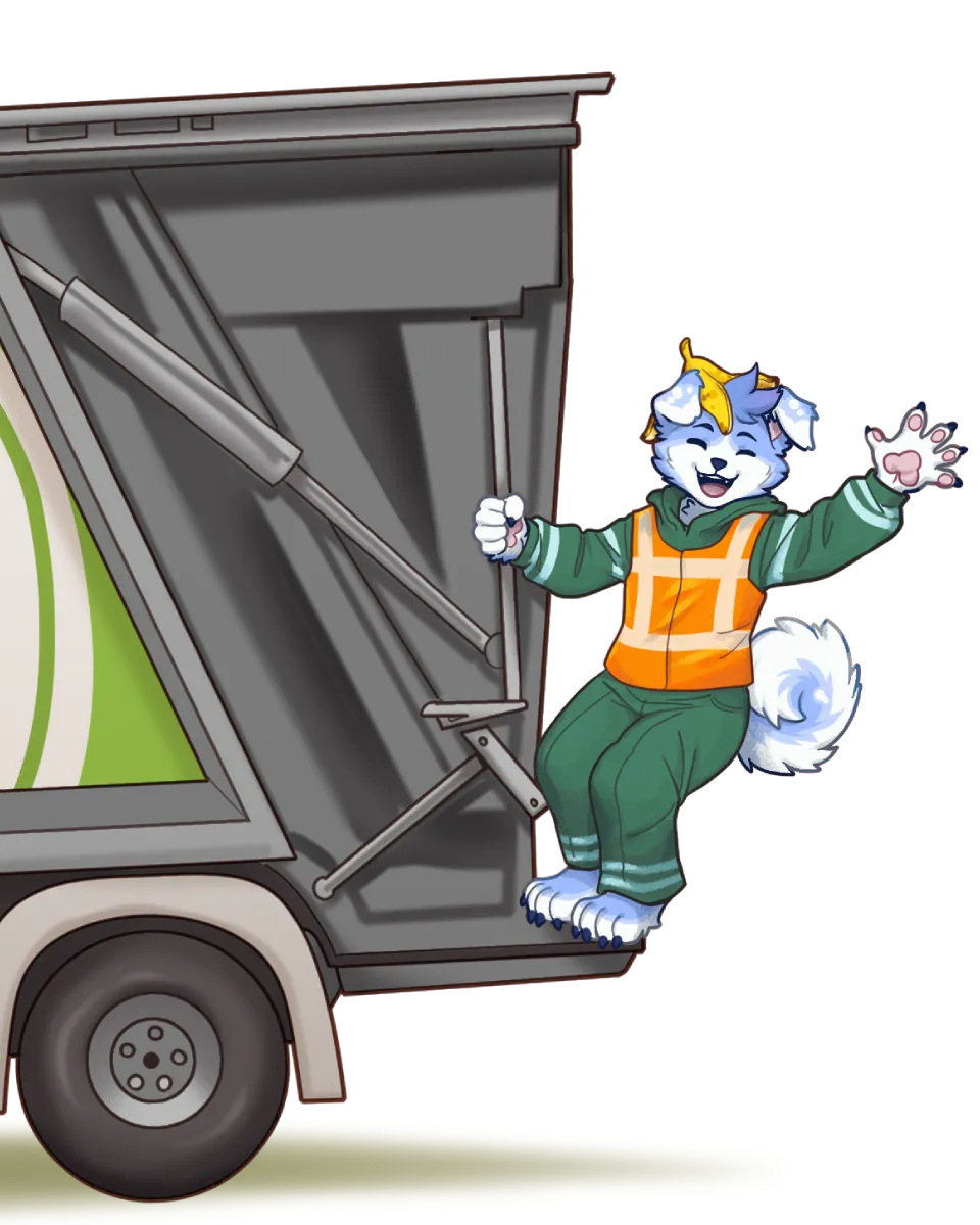 Dog mascot in work overalls waving from the back of a recycling truck